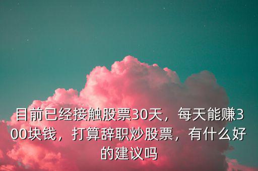 目前已經(jīng)接觸股票30天，每天能賺300塊錢，打算辭職炒股票，有什么好的建議嗎