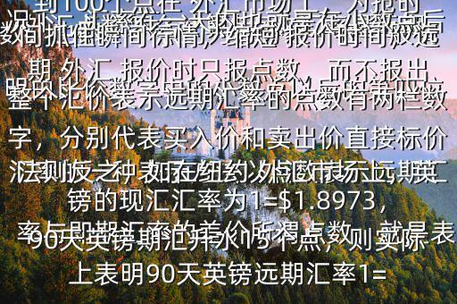  外匯點數(shù)怎么計算$點數(shù)匯率是遠期匯率的一種表示方法以點數(shù)表示遠期匯率與即期匯率的差價所謂點數(shù)，就是表明由比價數(shù)字中的小數(shù)點以后的第四位數(shù)，也即一個點約為萬分之一在一般情況下，匯率在一天內(nèi)也就是在小數(shù)點后的三位數(shù)變動，也即變動幾十個點，不到100個點在 外匯市場上，為搶時間抓住瞬間行情，縮短 報價時間，遠期 外匯 報價時只報點數(shù)，而不報出整個匯價表示遠期匯率的點數(shù)有兩欄數(shù)字，分別代表買入價和賣出價直接標價法則反之，如在紐約 外匯市場上，英鎊的現(xiàn)匯匯率為1=$1.8973，90天英鎊期匯升水15個點，則實際上表明90天英鎊遠期匯率1=